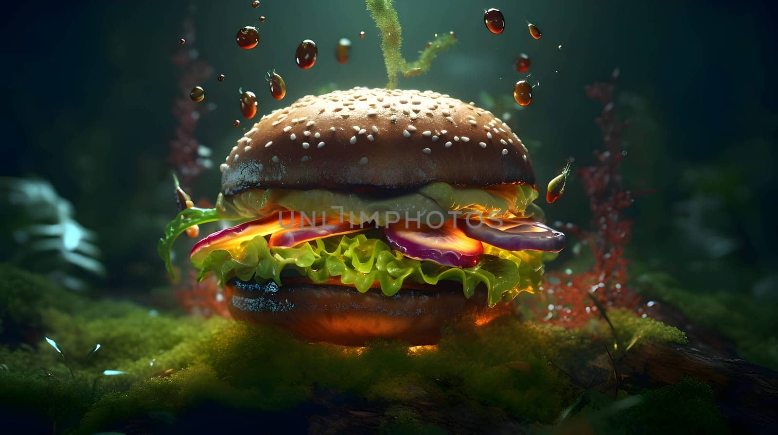 Abstract illustration showcasing a hamburger amidst a serene nature backdrop, blending gastronomy with the beauty of the natural world.