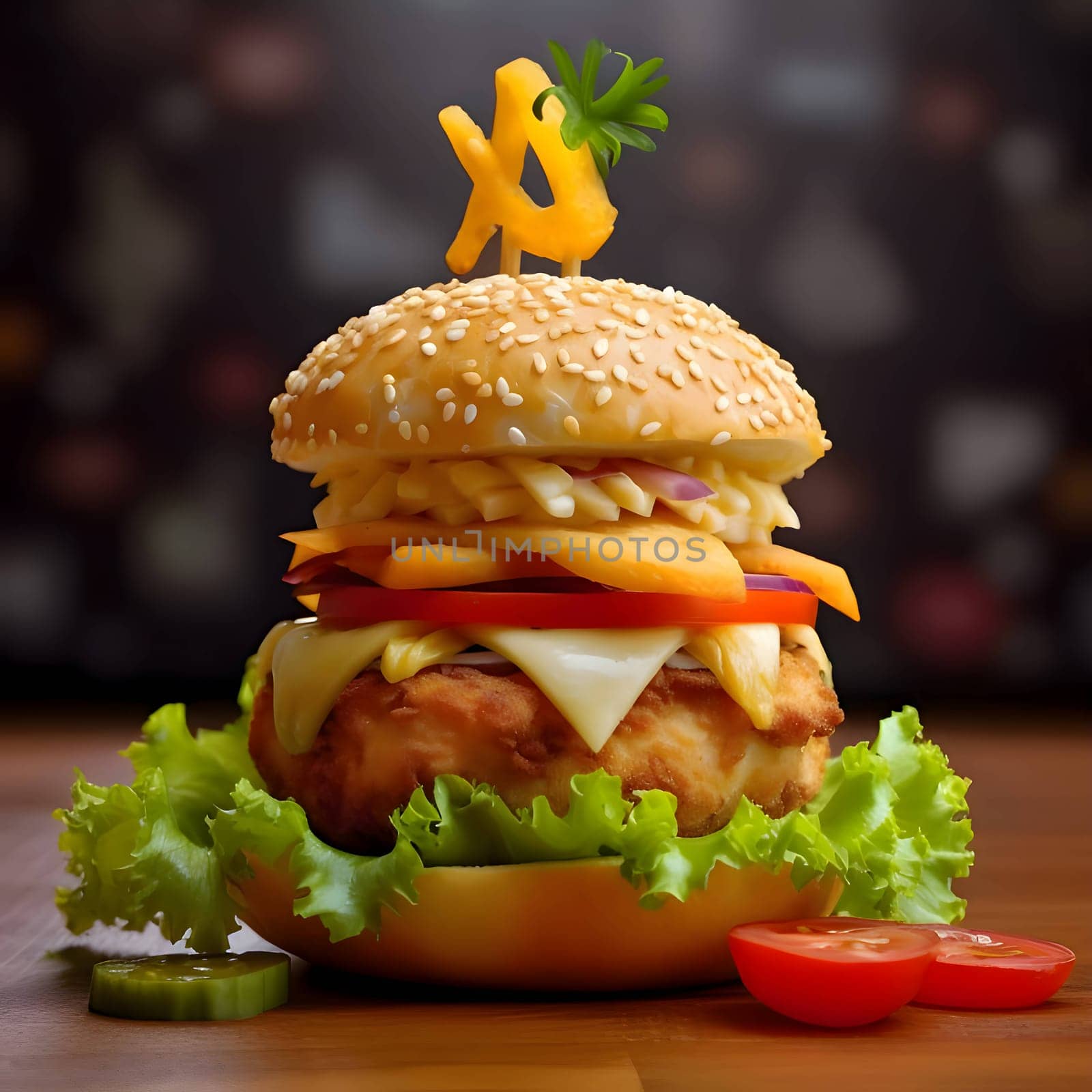 A compact chicken burger featuring crisp lettuce, melted cheese, and juicy tomato. Despite its size, this flavorful combination promises a satisfying bite.