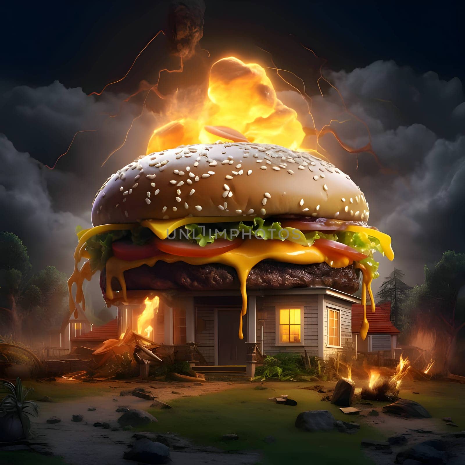 Illustration of a hamburger as a house by ThemesS