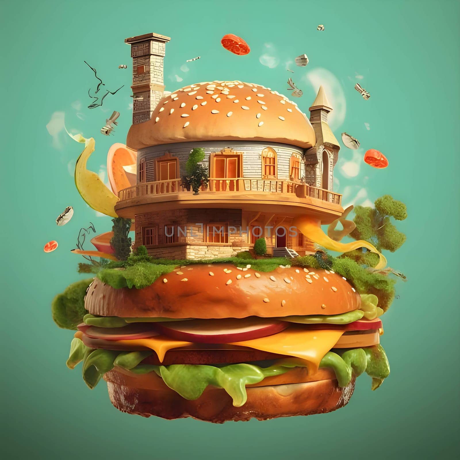 Illustration of a hamburger as a house by ThemesS