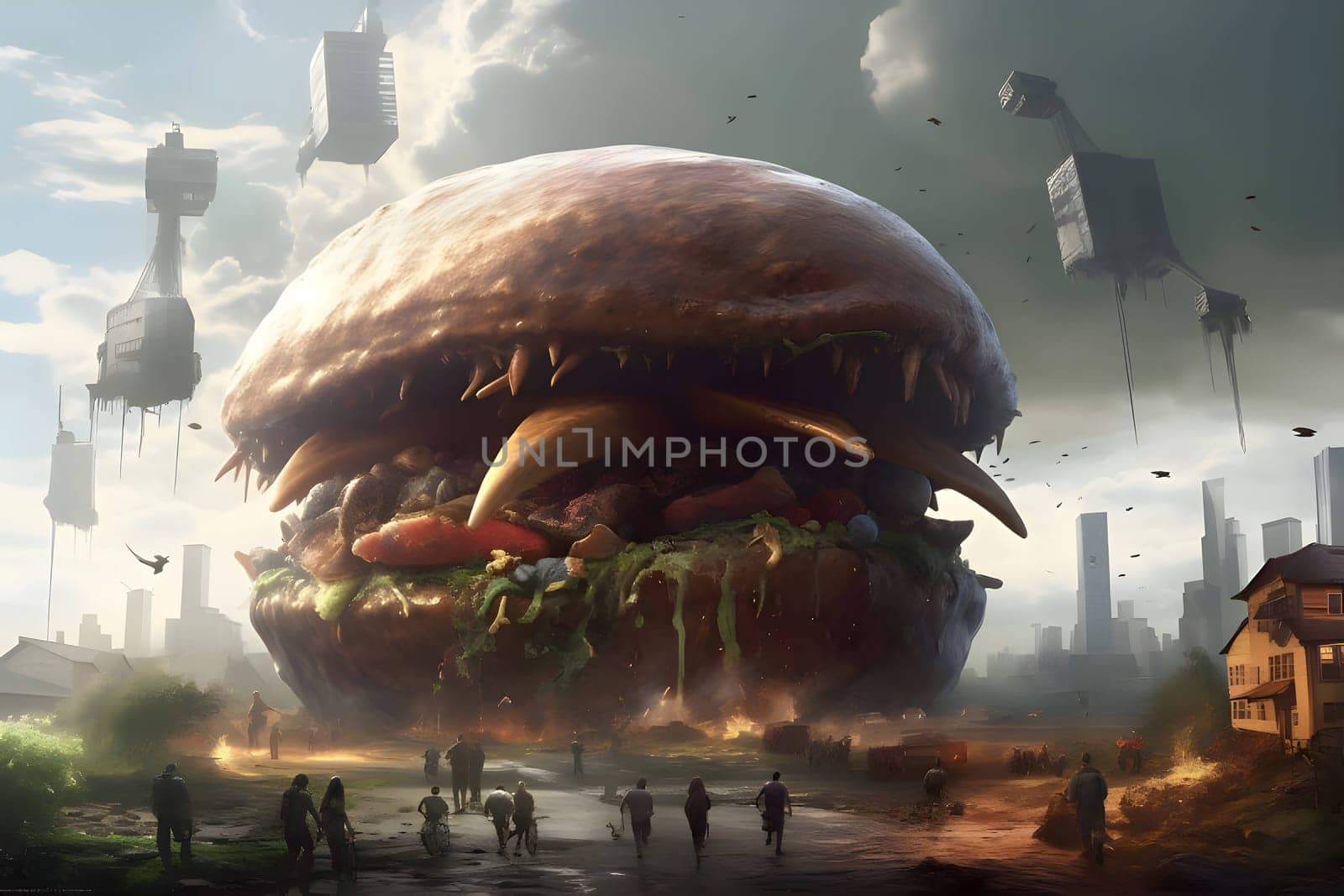 Abstract illustration - hamburger as an alien attacking the planet by ThemesS