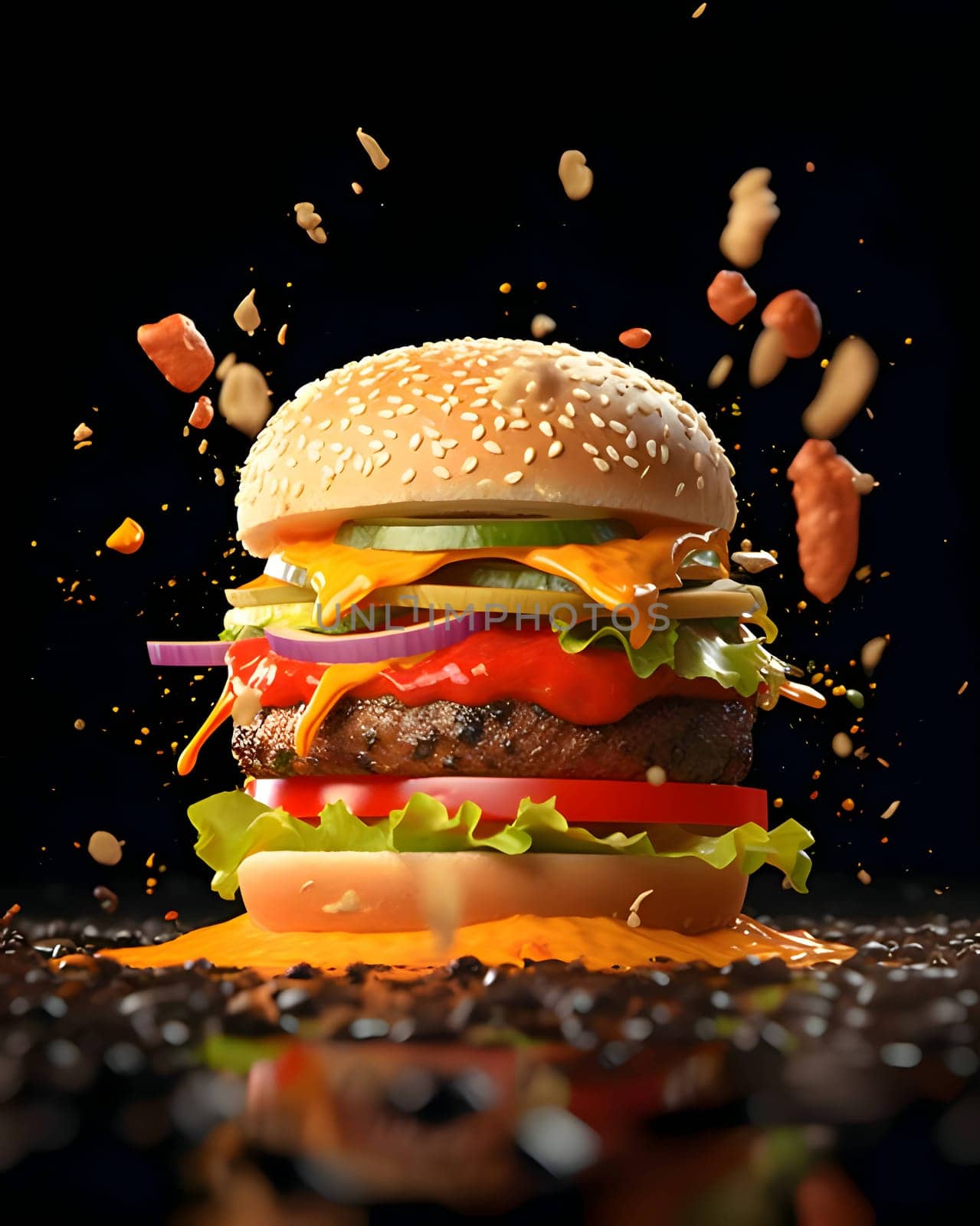 A delicious multi-layered burger with crisp lettuce, melted cheese, juicy tomato, and savory onion, showcased on a dark background.