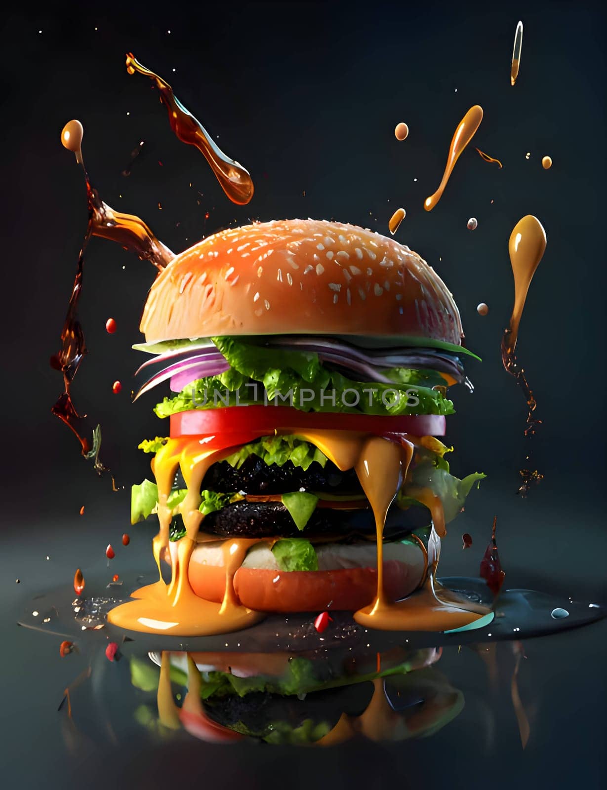 A delicious multi-layered burger with crisp lettuce, melted cheese, juicy tomato, and savory onion, showcased on a dark background.