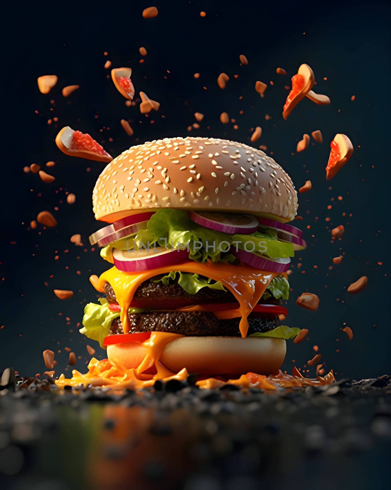 Tasty multi-layered burger with lettuce, cheese, tomato and onion on a dark background by ThemesS