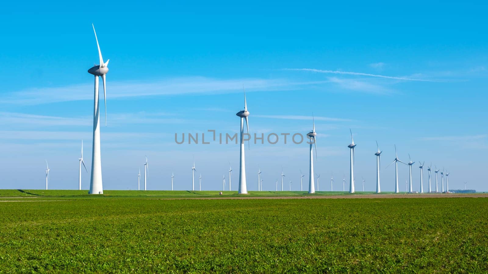 A symphony of wind turbines standing tall in a lush green field in the Netherlands, Flevoland. huge windmill turbines in a agricultural field with a blue sky, energy transition