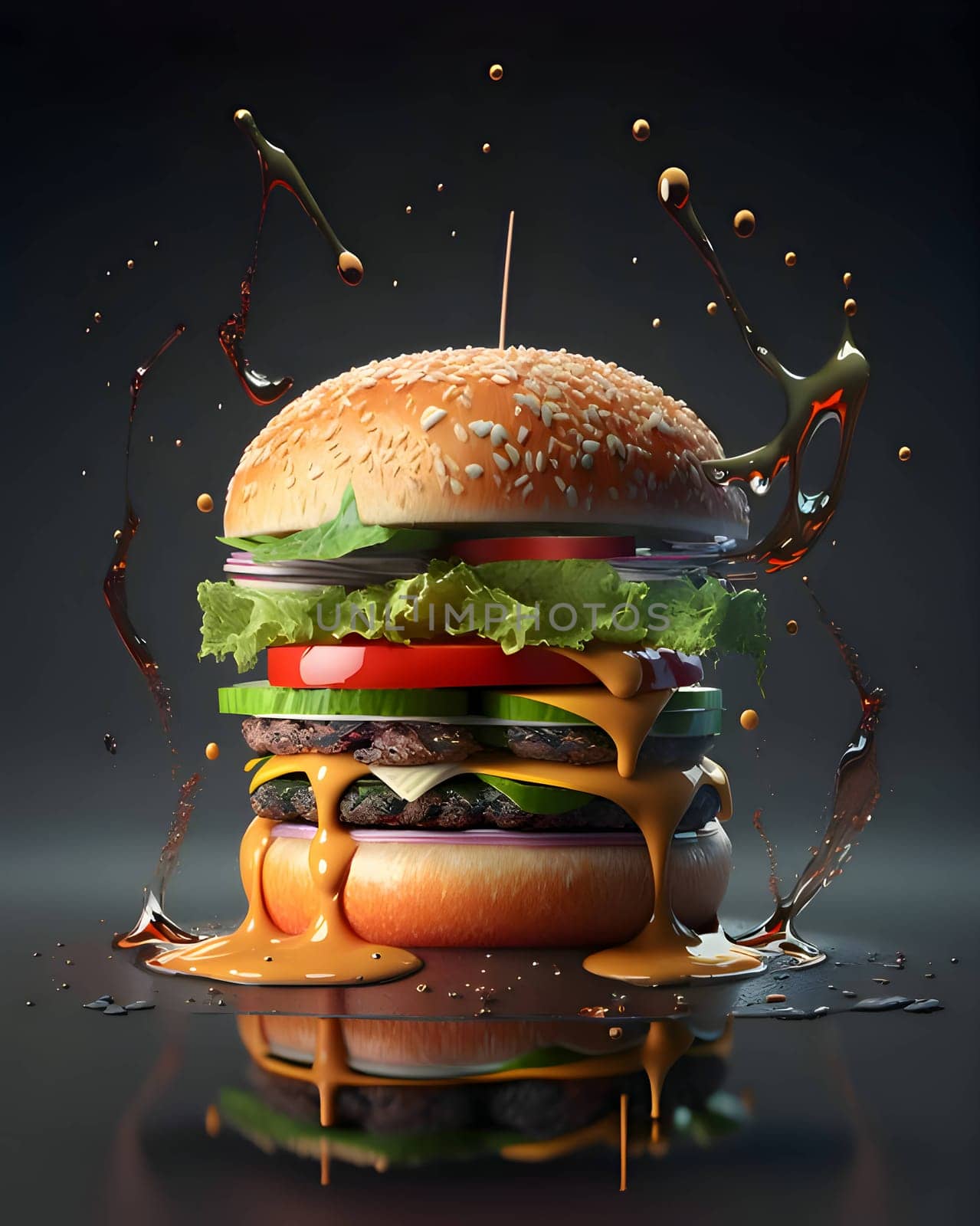 A delicious multi-layered burger with crisp lettuce, melted cheese, juicy tomato, and savory onion, showcased on a dark background.