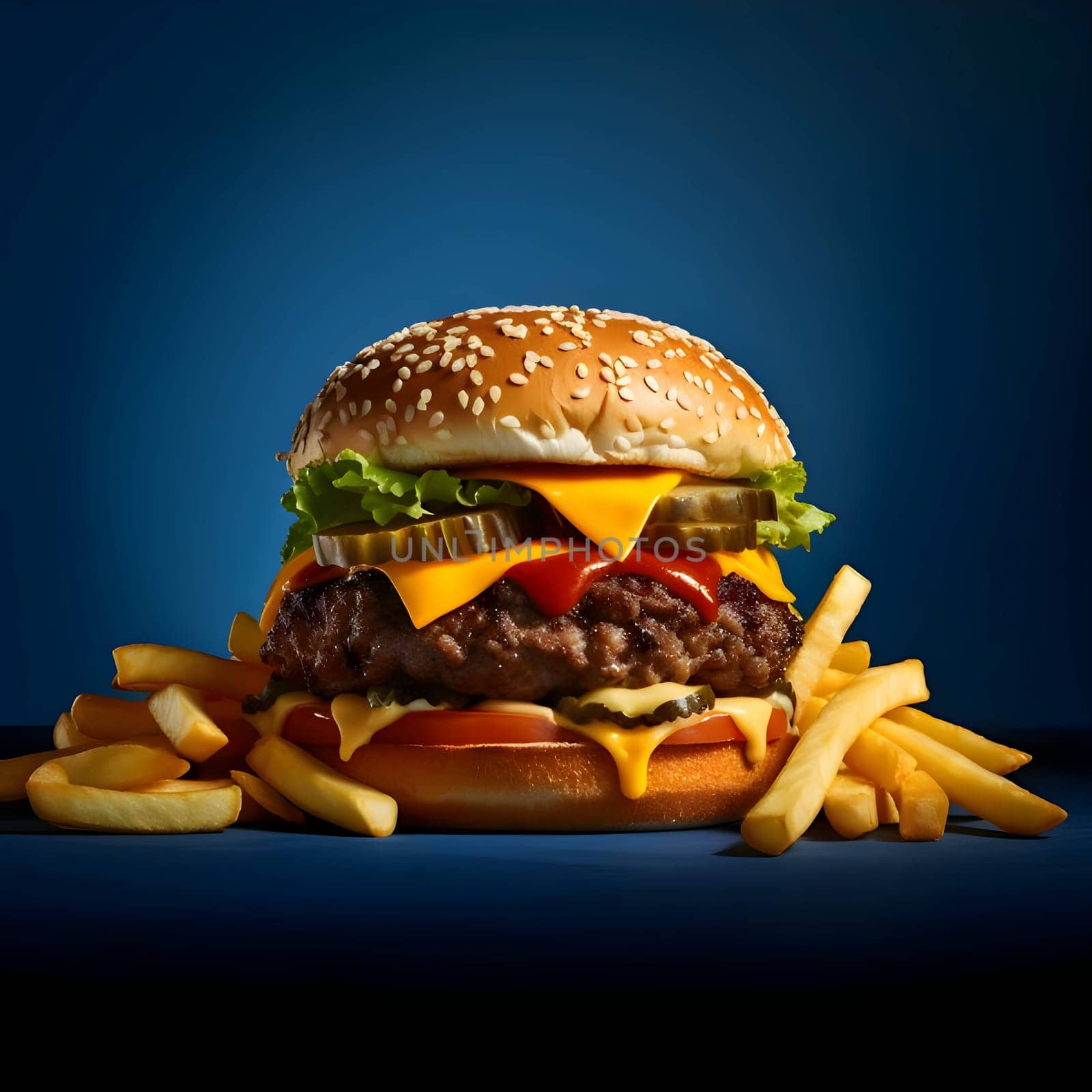 A mouthwatering hamburger with melted cheese, flavorful sauce, tangy pickle, and crispy fries, presented on a vibrant blue background.