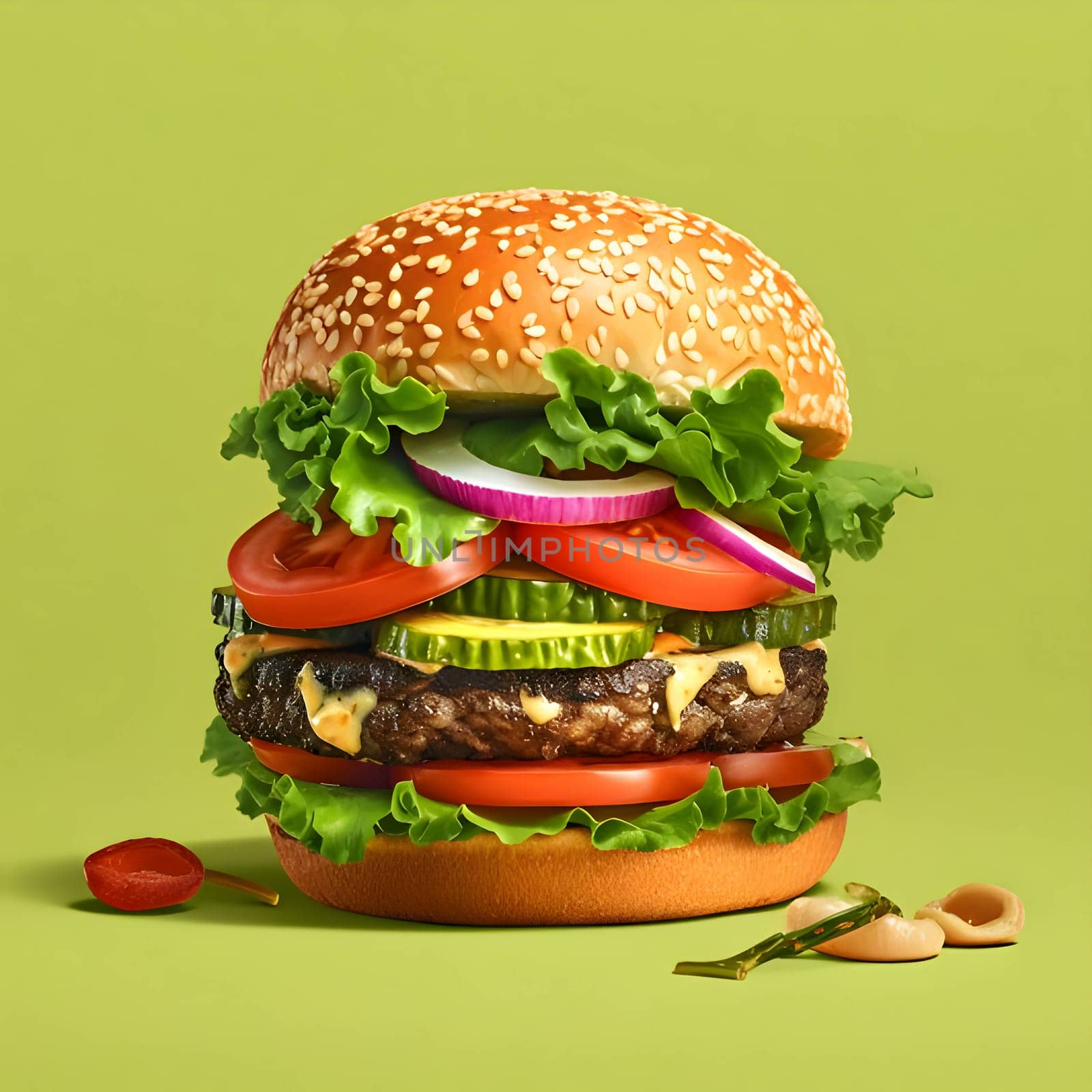 A sizable hamburger topped with fresh tomato, crisp cucumber, and leafy lettuce, set against a vibrant green background.