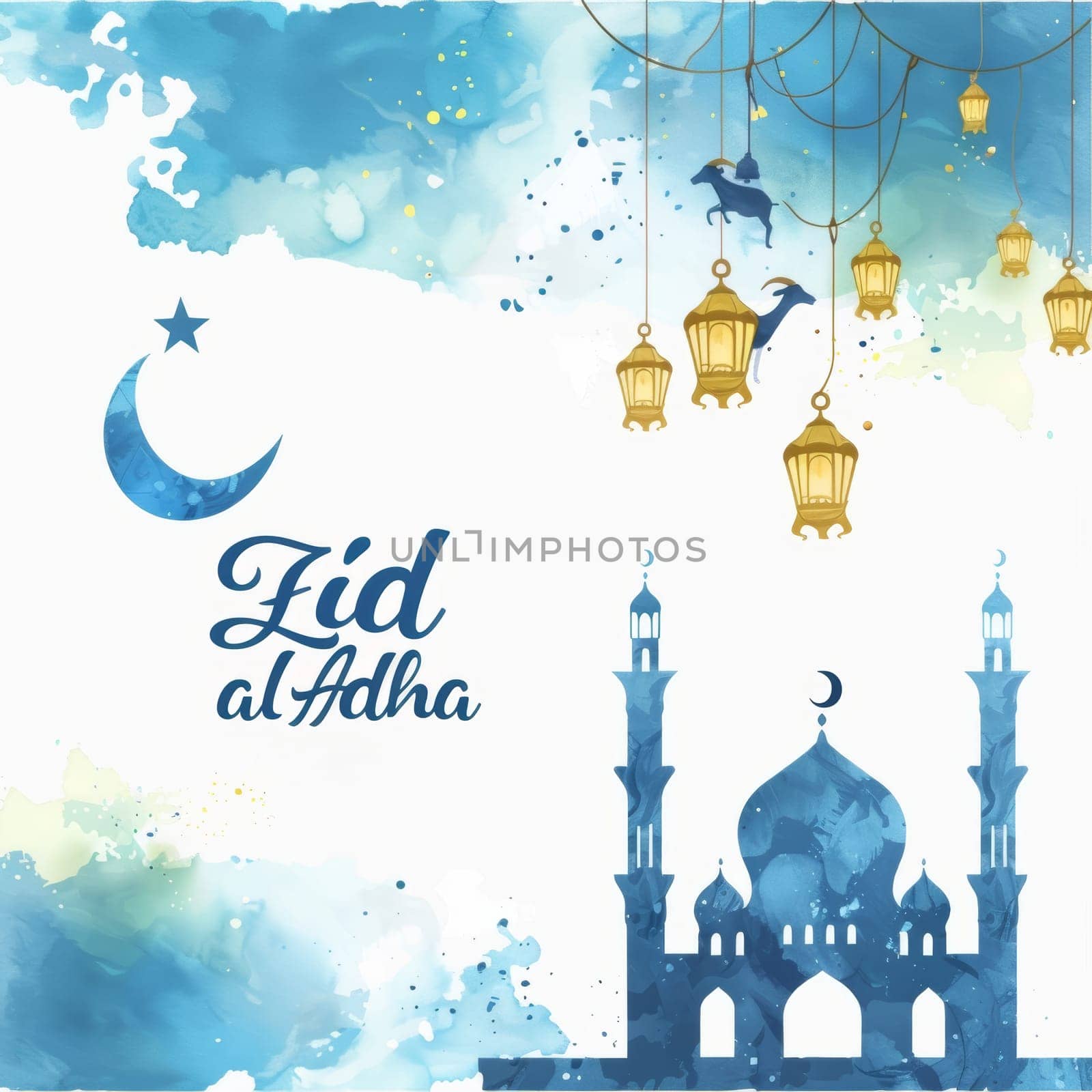 A serene blue watercolor themed Eid al-Adha card featuring lanterns, a crescent moon, and a mosque silhouette for a spiritual touch