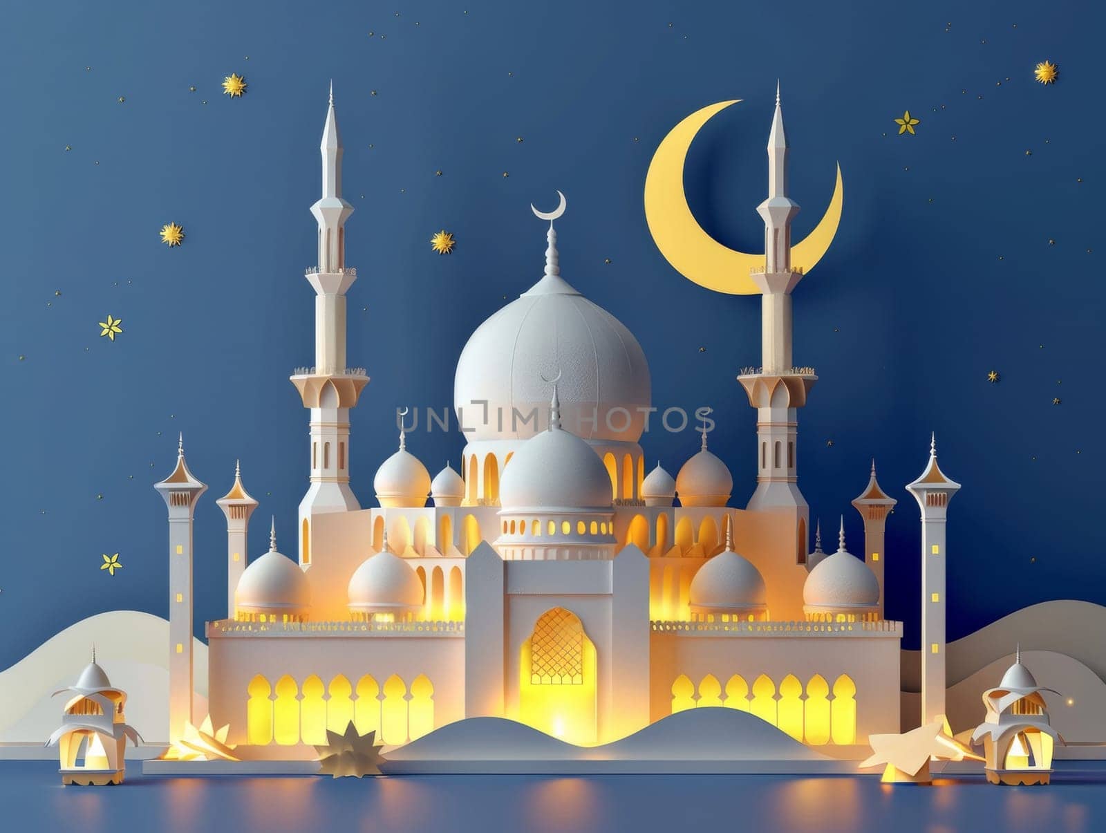 Vibrant golden hour illustration of a mosque with a majestic crescent moon, crafted in a 3D paper art style, exuding warmth and celebration