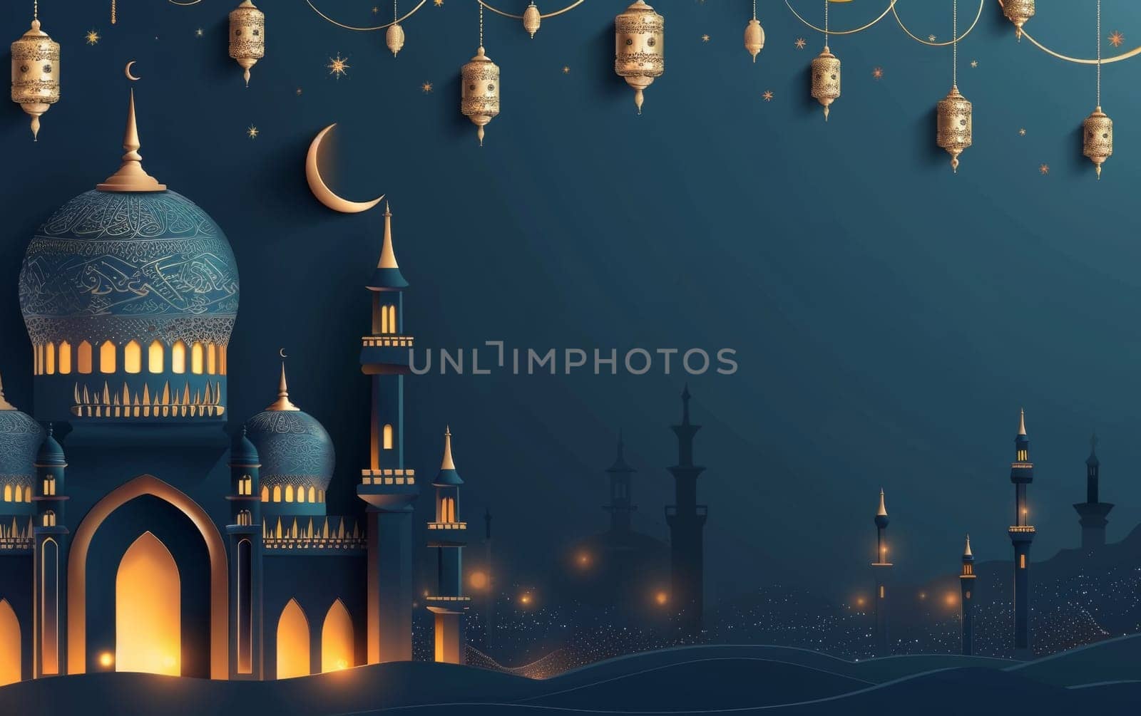 A mesmerizing evening view of a mosque with ornate lanterns under the stars, invoking the sacredness of the Eid celebration