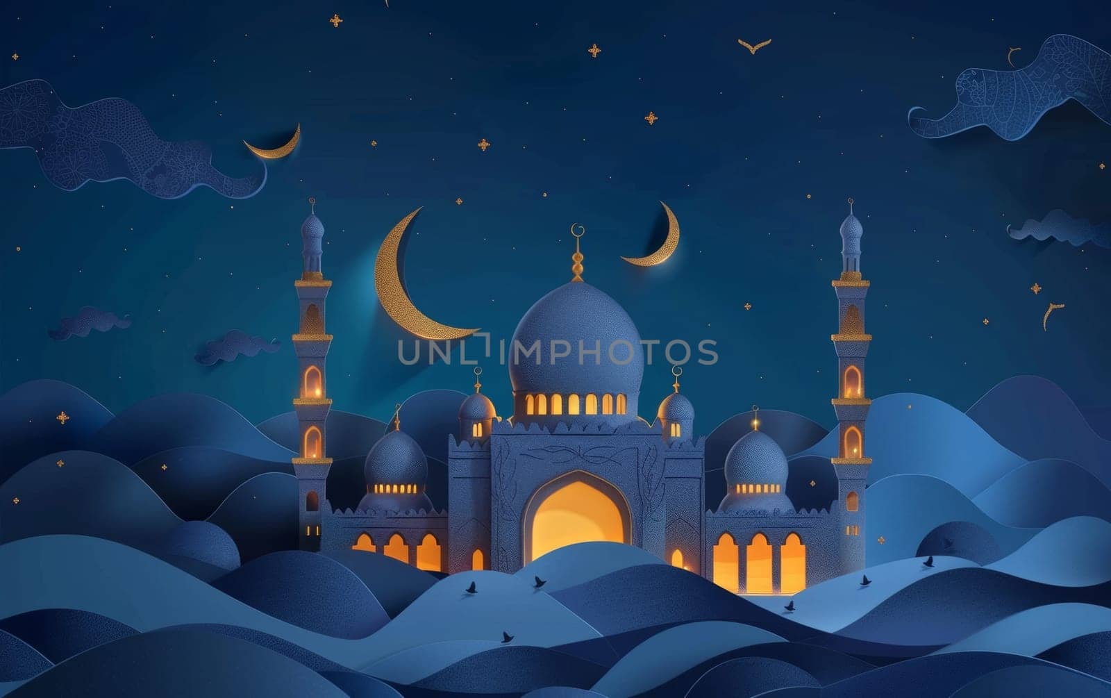 A serene Eid greeting card design featuring a mosque in a tranquil desert, bathed in moonlight, with a backdrop of a starlit night sky