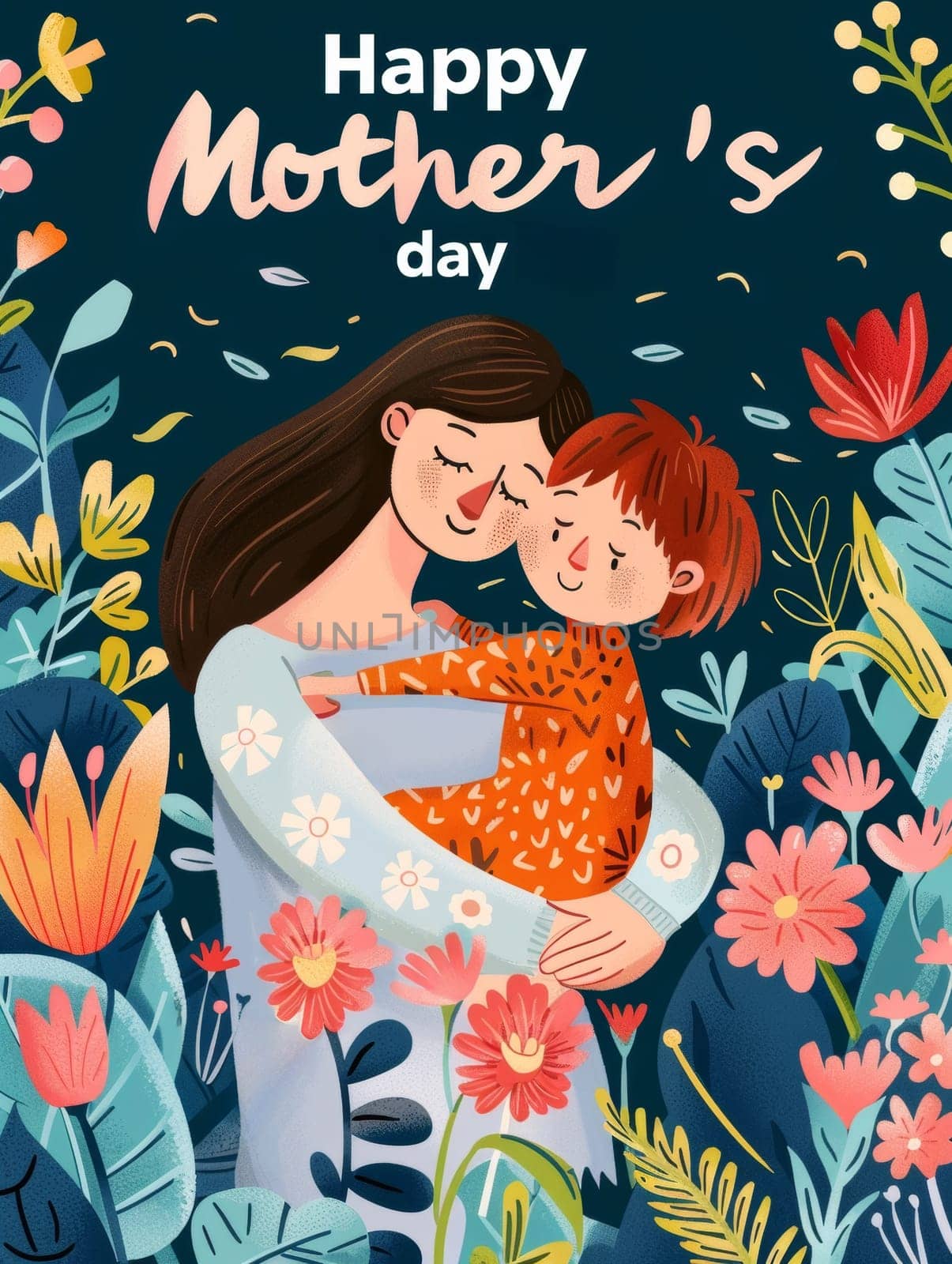 An affectionate illustration of a mother hugging her son amid a garden of red flowers, expressing the warmth of Mothers Day