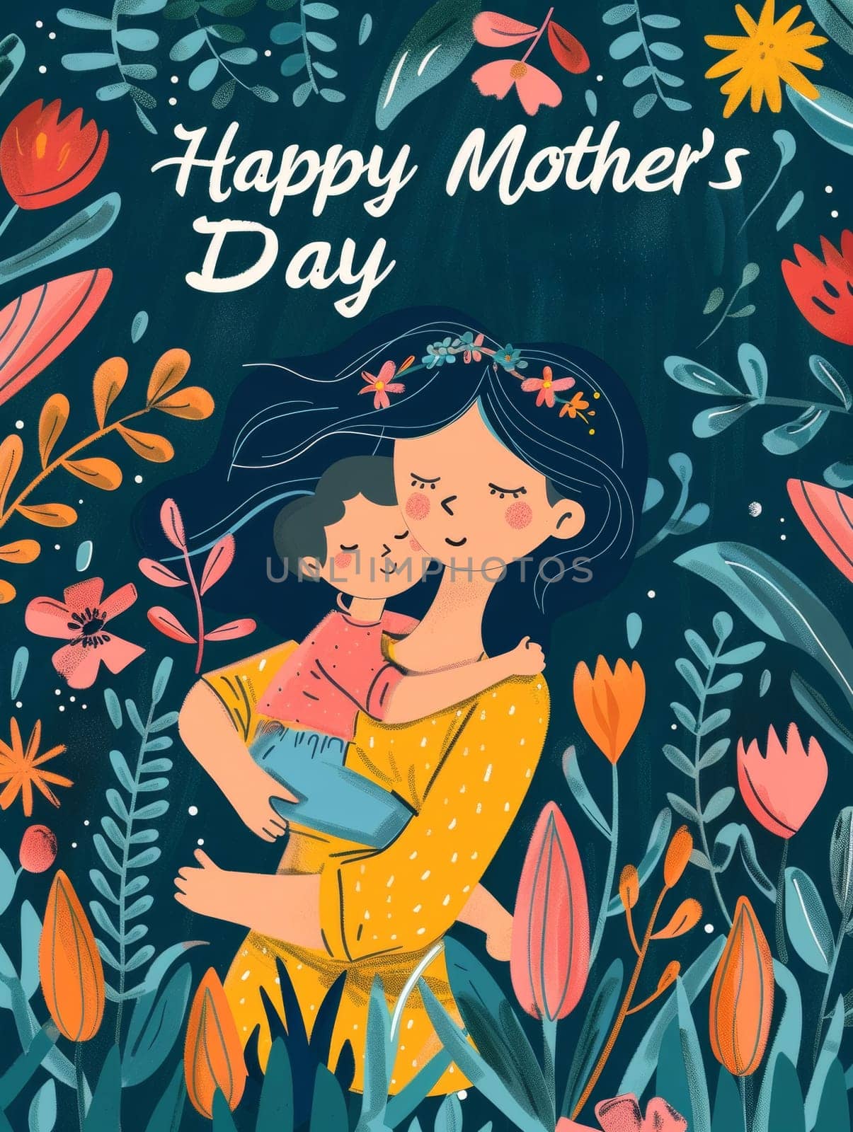 Heartwarming artwork of a mother cuddling her child with a lush floral backdrop for Mothers Day celebration. by sfinks