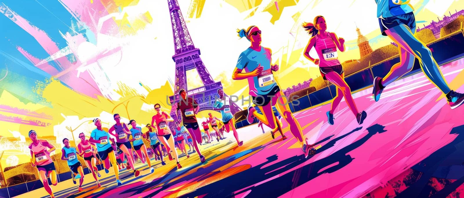 Dynamic illustration of marathon runners in vivid colors with the Eiffel Tower in the background, conveying movement and energy