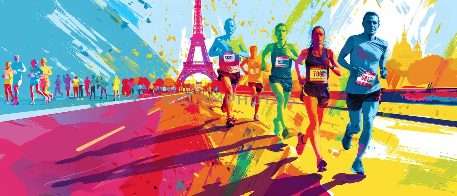 Artistic rendition of marathon runners against a Parisian backdrop, highlighted by bright hues and energetic strokes