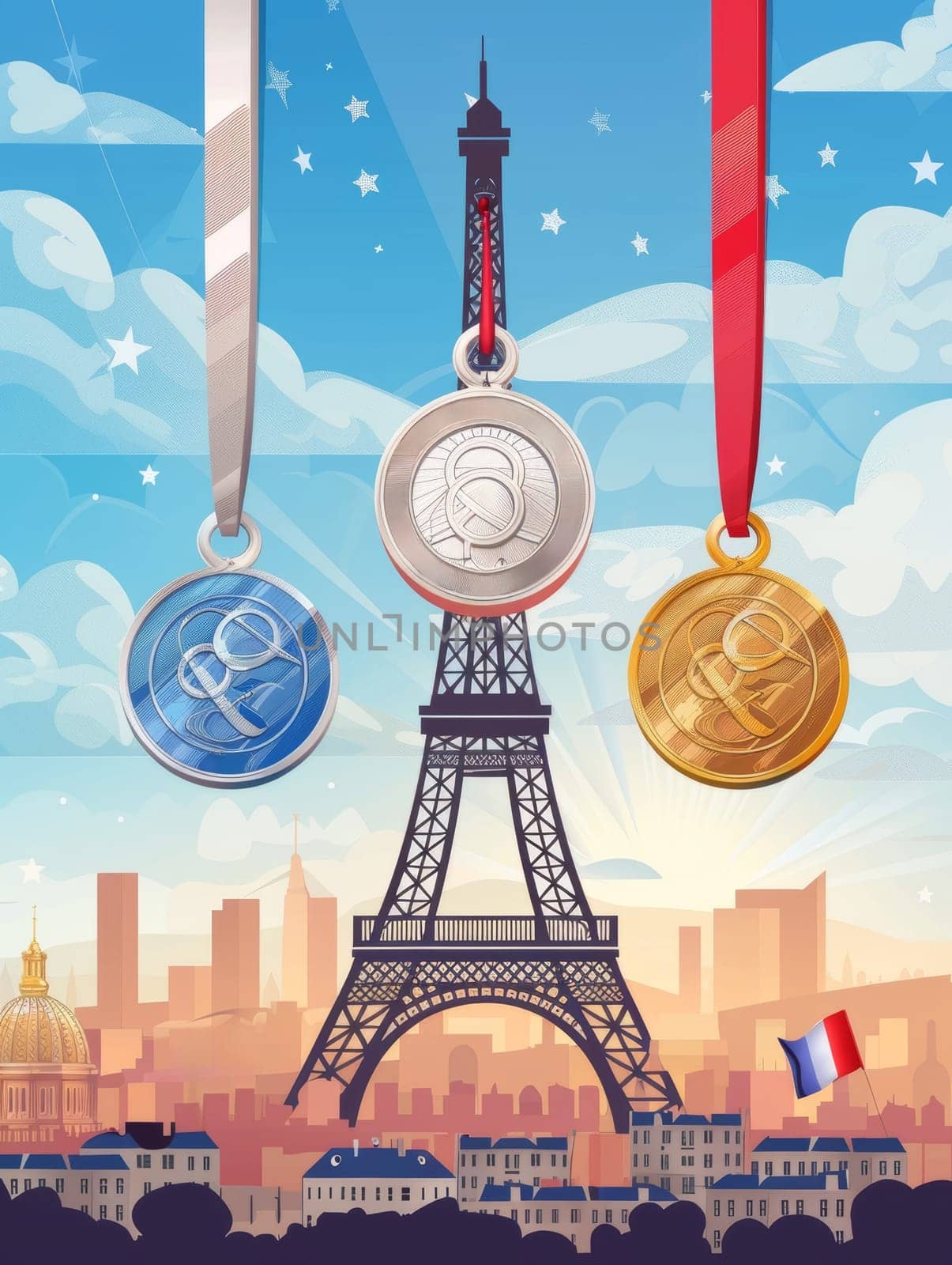 An artistic representation of marathon medals with intricate designs, hanging with the Eiffel Tower gracing the background under a starry sky