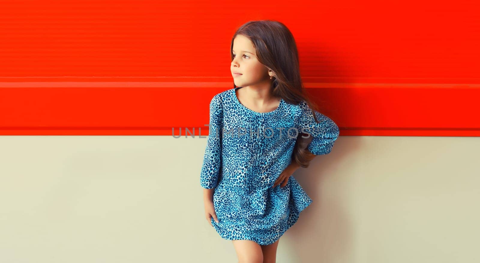 Portrait of beautiful little girl child looking away in blue dress on red background