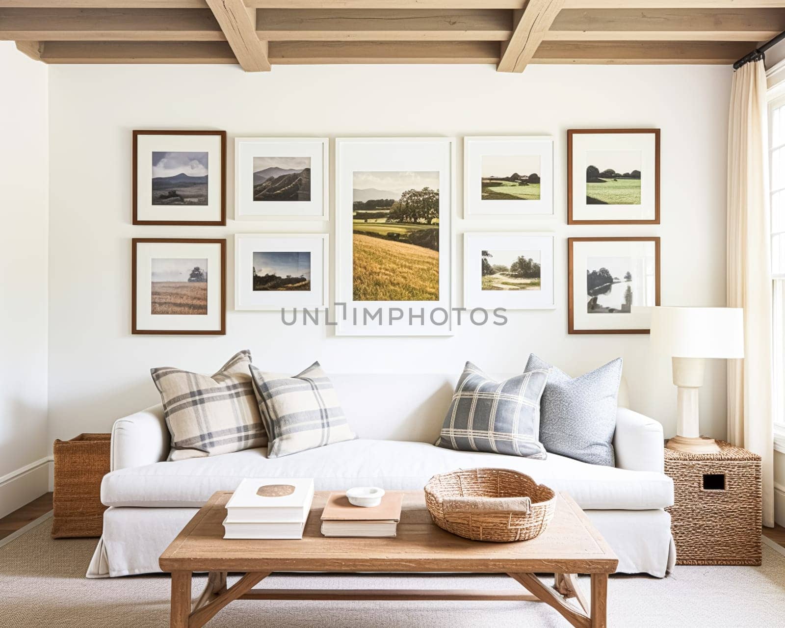 Gallery wall, home decor and wall art over sofa, framed art in modern English country cottage sitting room interior, living room for diy printable artwork and print shop idea