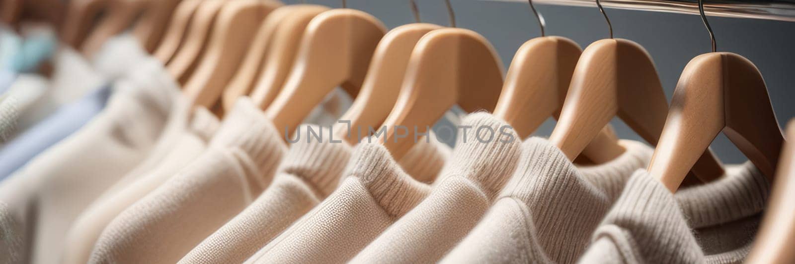Pastel beige sweaters on hangers in a store. by Annu1tochka