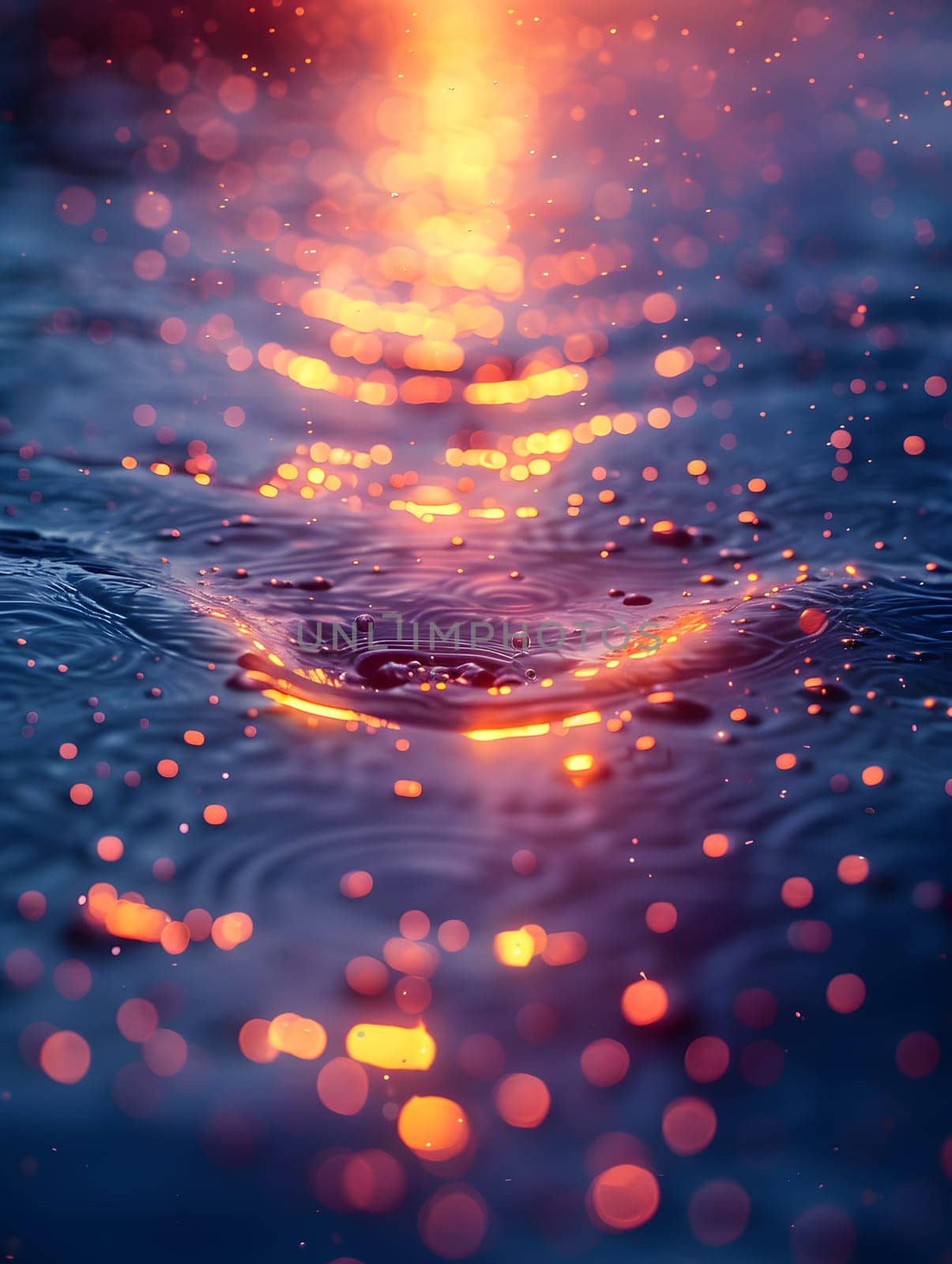 A close up of liquid water reflecting the orange hues of the sunset, creating an atmospheric phenomenon known as afterglow in the dusk sky
