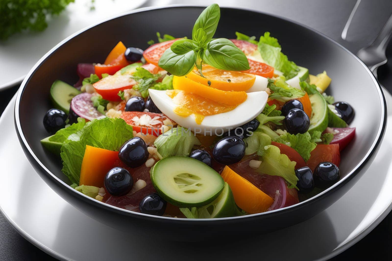 Fresh and colorful vegetarian salad presented in a deep dish on a café table, showcasing a harmonious composition against the clean white background by Annu1tochka