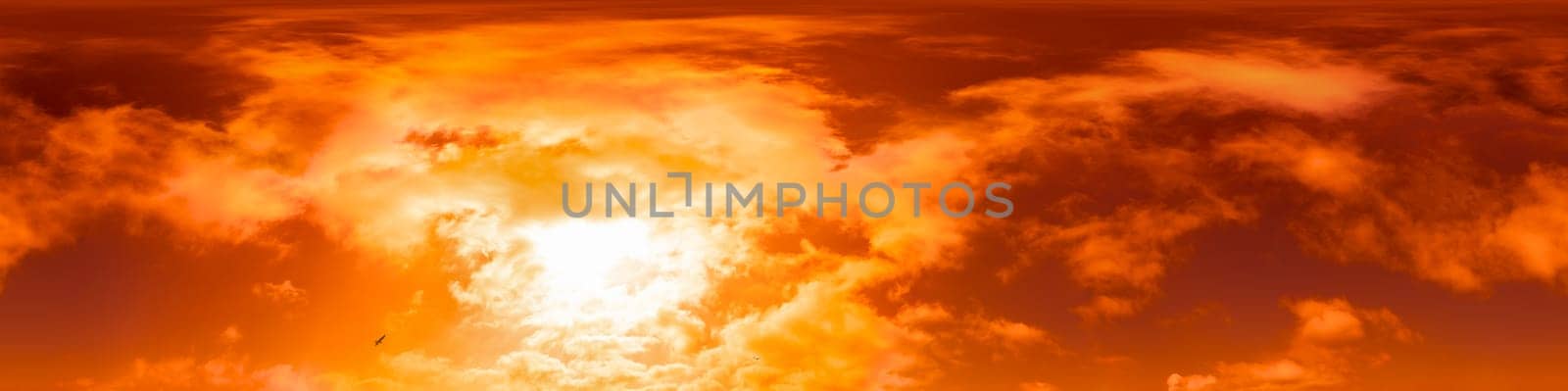 360 panorama of glowing sunset sky with bright pink Cirrus clouds. HDR 360 seamless spherical panorama. Full zenith or sky dome sky replacement for aerial drone panoramas. Climate and weather change. by Matiunina