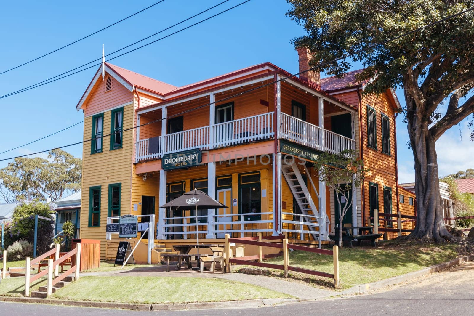 CENTRAL TILBA, AUSTRALIA - APRIL 3 2024: Central Tilba on Bate St and The Dromedary Hotel in its idyllic setting near Narooma in New South Wales, Australia