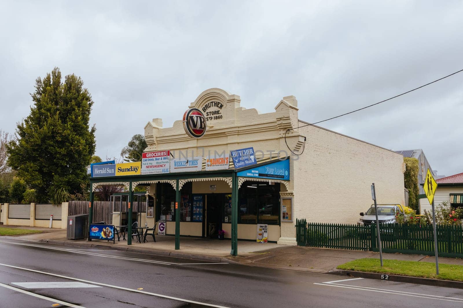 BRUTHEN, AUSTRALIA - APRIL 06 2024: The quaint township of Bruthen and general store on a cloudy wet day in Gippsland, Victoria, Australia