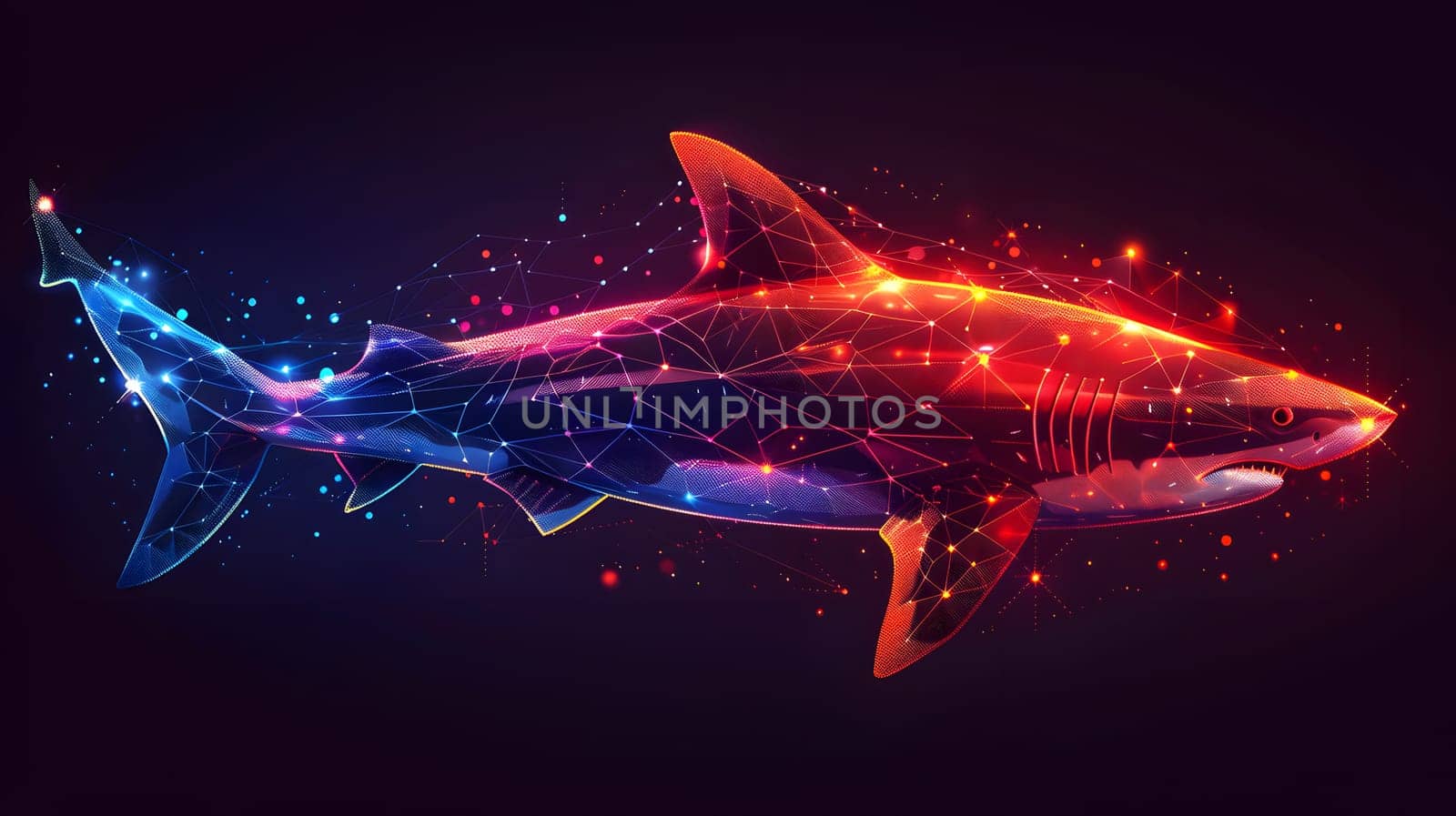 A colorful shark with its fin up is swimming gracefully underwater by Nadtochiy