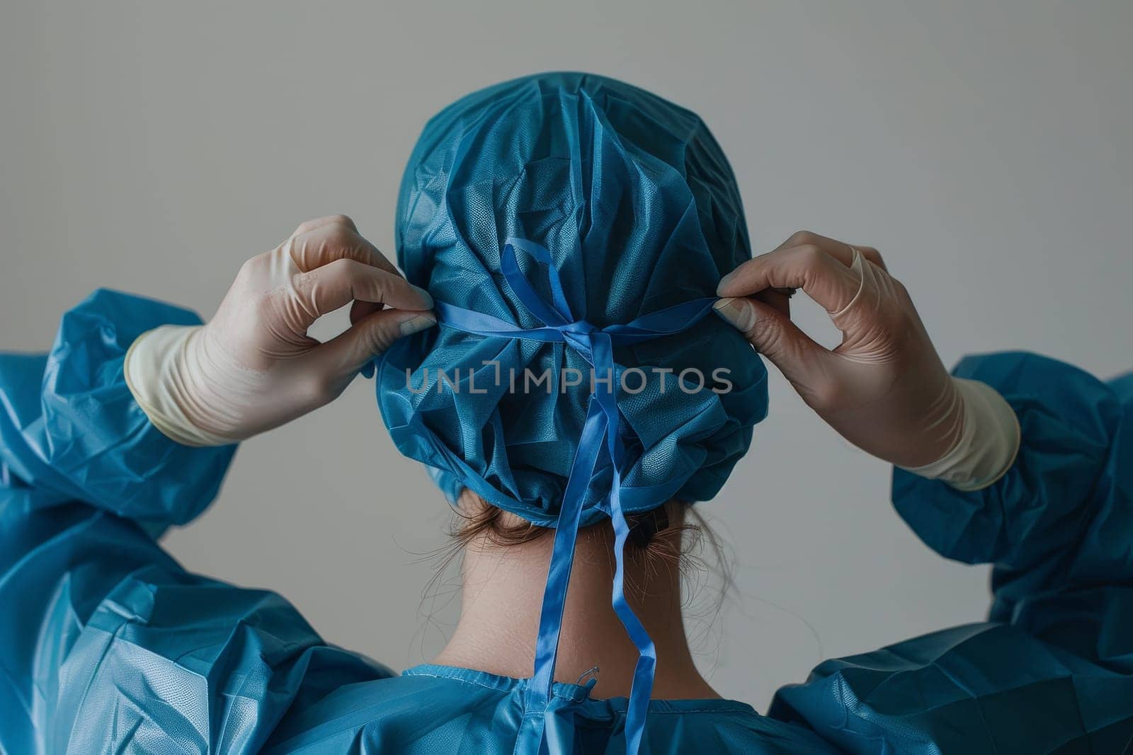 A doctor in a blue surgical cap is adjusting the cap by itchaznong