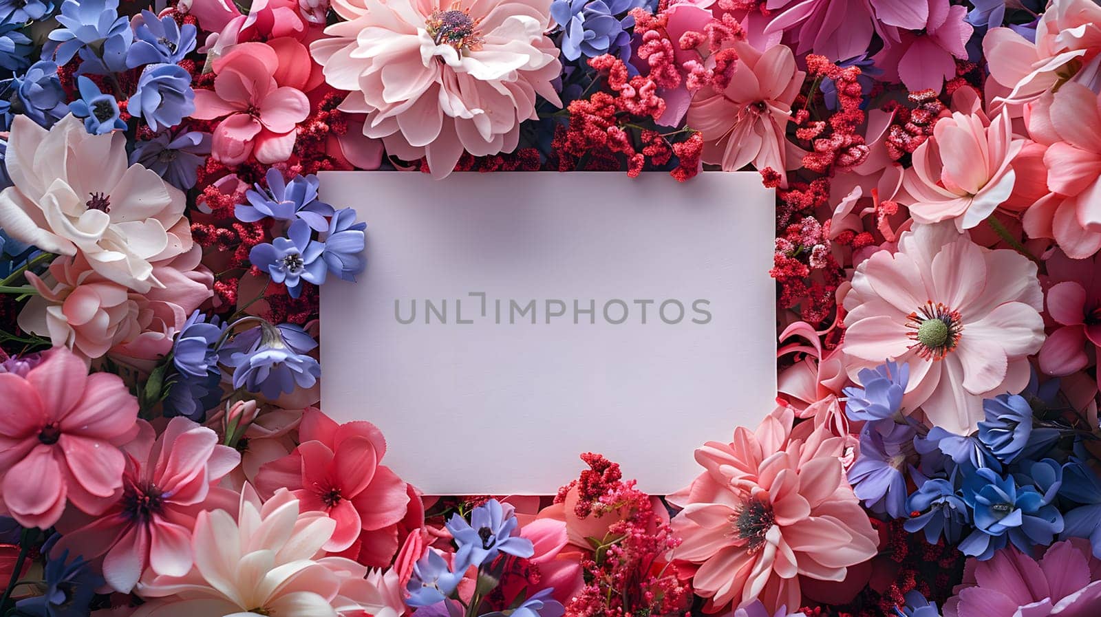 A white card is adorned with a delicate arrangement of pink and blue flowers, showcasing the beauty of nature and creative arts through the use of petals and leaves in shades of pink and magenta