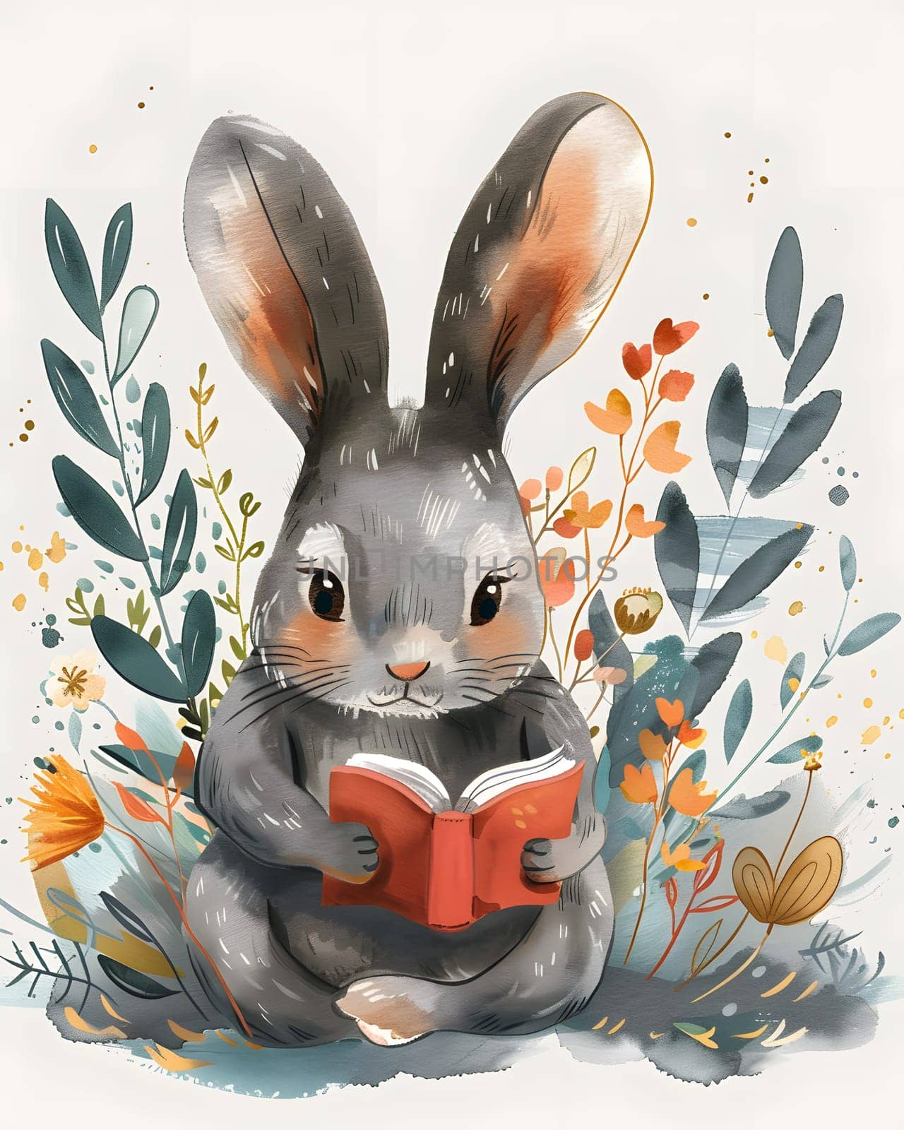 A terrestrial organism, the rabbit, is peacefully sitting in the grass, engrossed in a book. Its delicate snout twitches occasionally as it reads, resembling a scene from a painting
