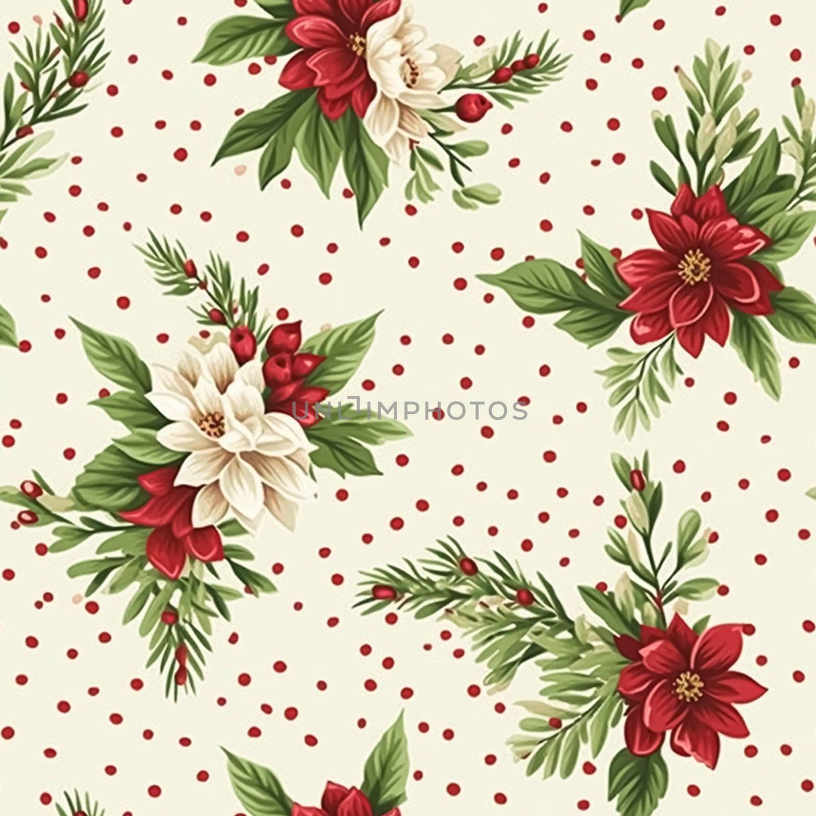 Seamless pattern, tileable Christmas holiday floral country dots print, English countryside flowers for wallpaper, wrapping paper, scrapbook, fabric and product design by Anneleven