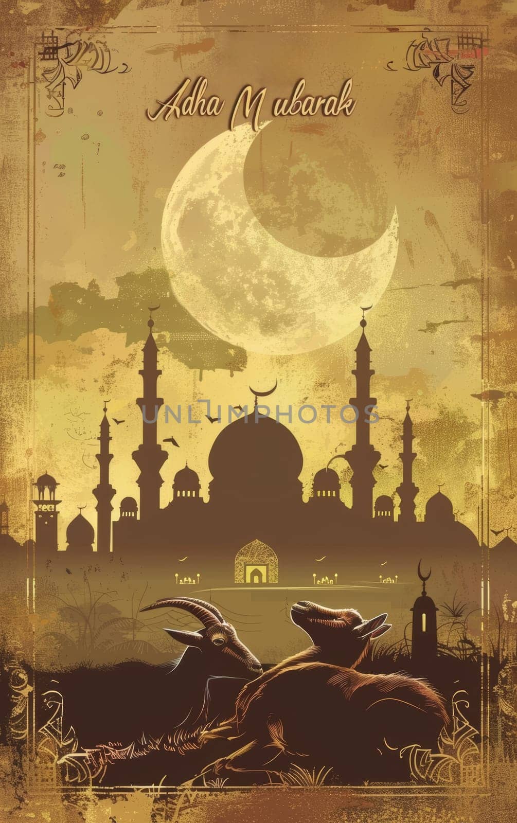 A rustic Eid al Adha Mubarak card with a vintage crescent moon, mosque skyline, and goats in a serene, old-world style