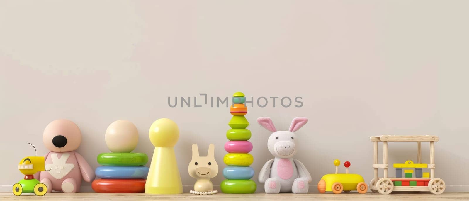 A minimalist nursery setup with soft-toned toys, including a pastel stacking tower and plush rabbit, creating a calm and soothing play area. by sfinks
