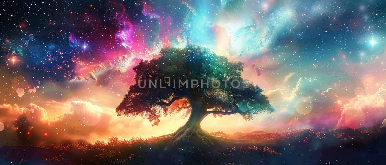 A lone tree stands in dreamlike poise as dawn breaks across a cosmos brimming with color, light, and the whispers of distant stars