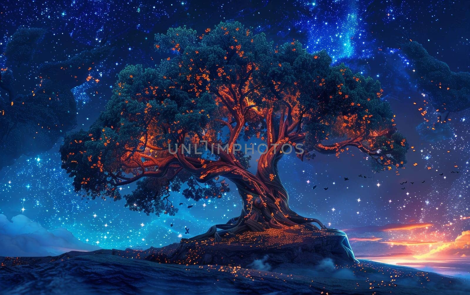 A magnificent tree bathed in twilight hues stands atop a cosmic cliff, its branches reaching into a mesmerizing star-filled sky