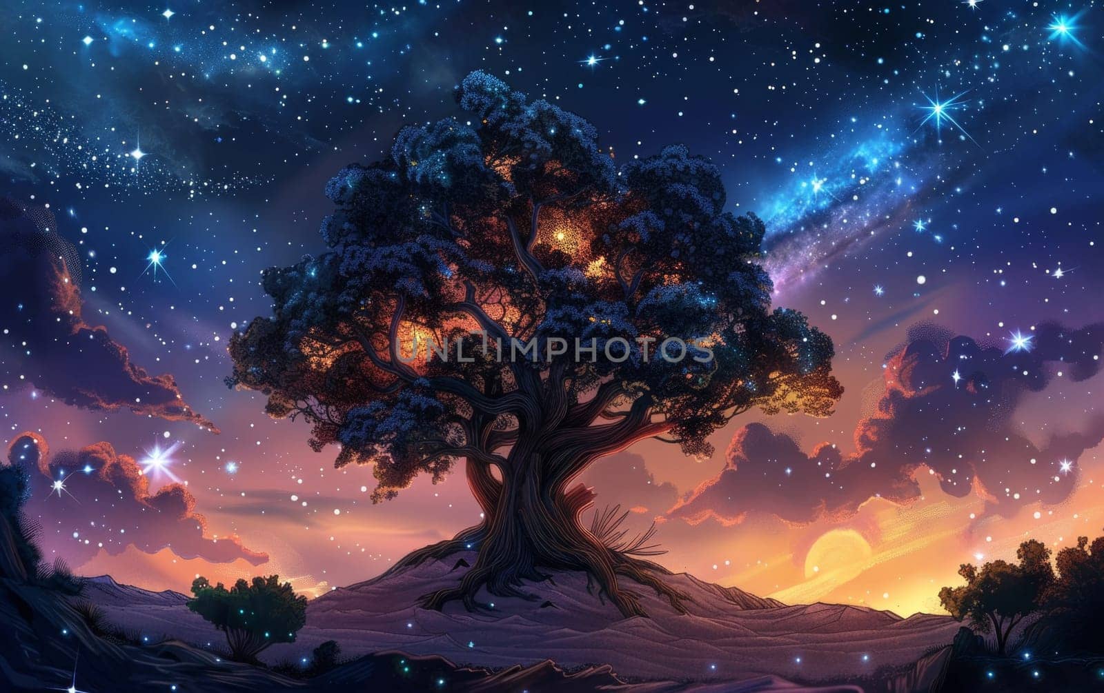 As night descends, this celestial tree radiates against the cosmic tapestry of the sky, capturing the splendor of the universe