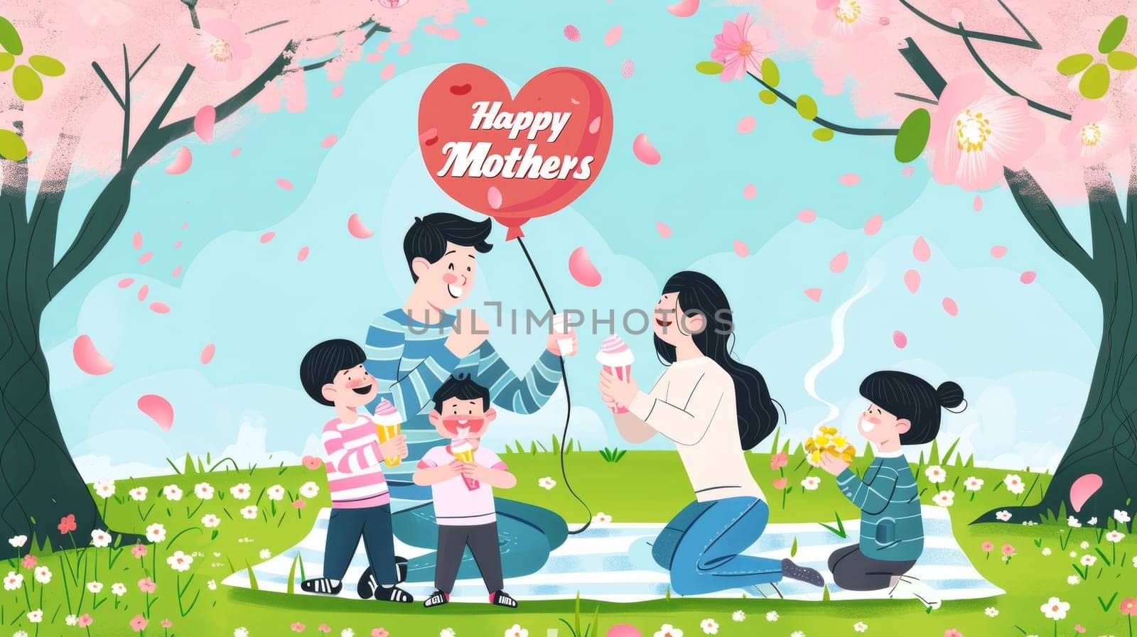 An illustrated family enjoys a festive Mothers Day in the park, complete with a heart-shaped balloon and sweet ice cream treats