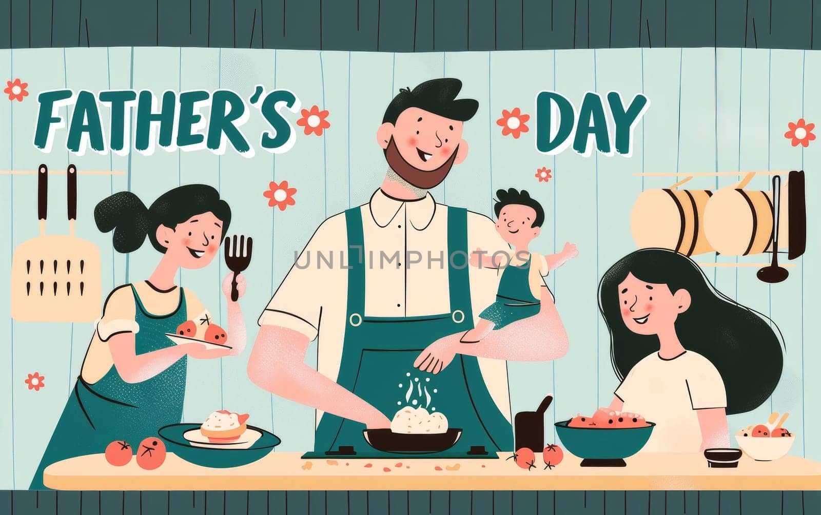 Cheerful illustration capturing a family preparing a meal together in a kitchen decorated for Fathers Day