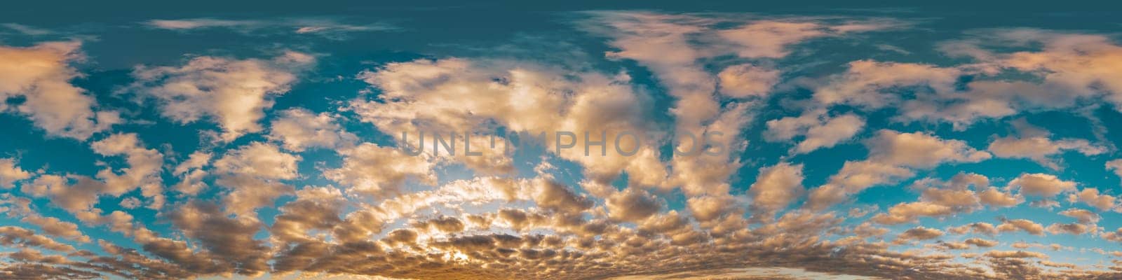Sunset sky with bright glowing pink Cumulus clouds. Seamless spherical HDR 360 panorama. Full zenith or sky dome in 3D, sky replacement for aerial drone panoramas. Climate and weather change. by Matiunina