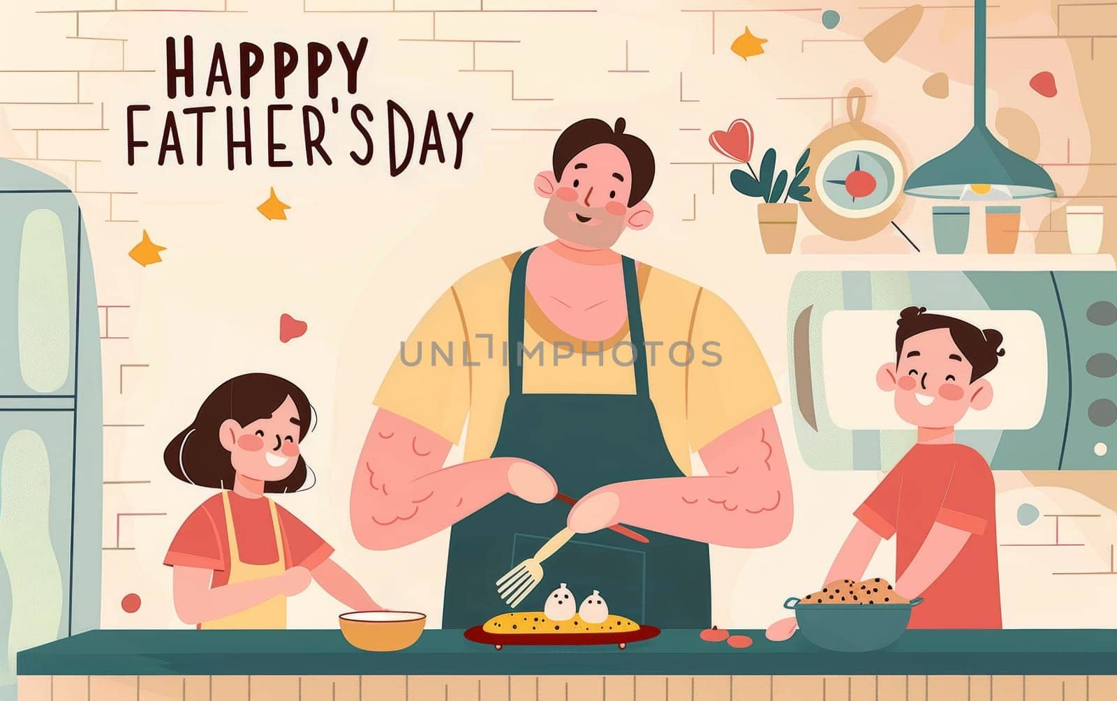 A whimsical illustration depicting a father and children enjoying a fun baking session on Fathers Day