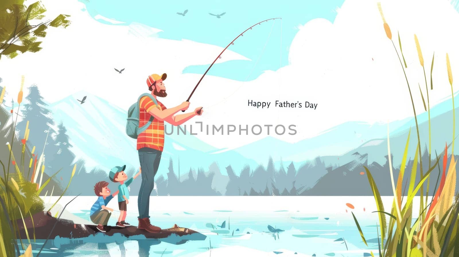 A peaceful illustration showcasing a father and his kids enjoying a fishing trip against a backdrop of a tranquil lake and mountains