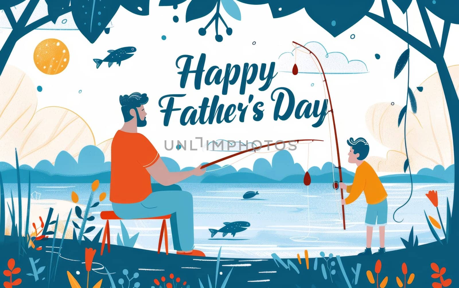 A whimsical illustration captures the bonding moment between a father and child while fishing under a starry sky on Fathers Day