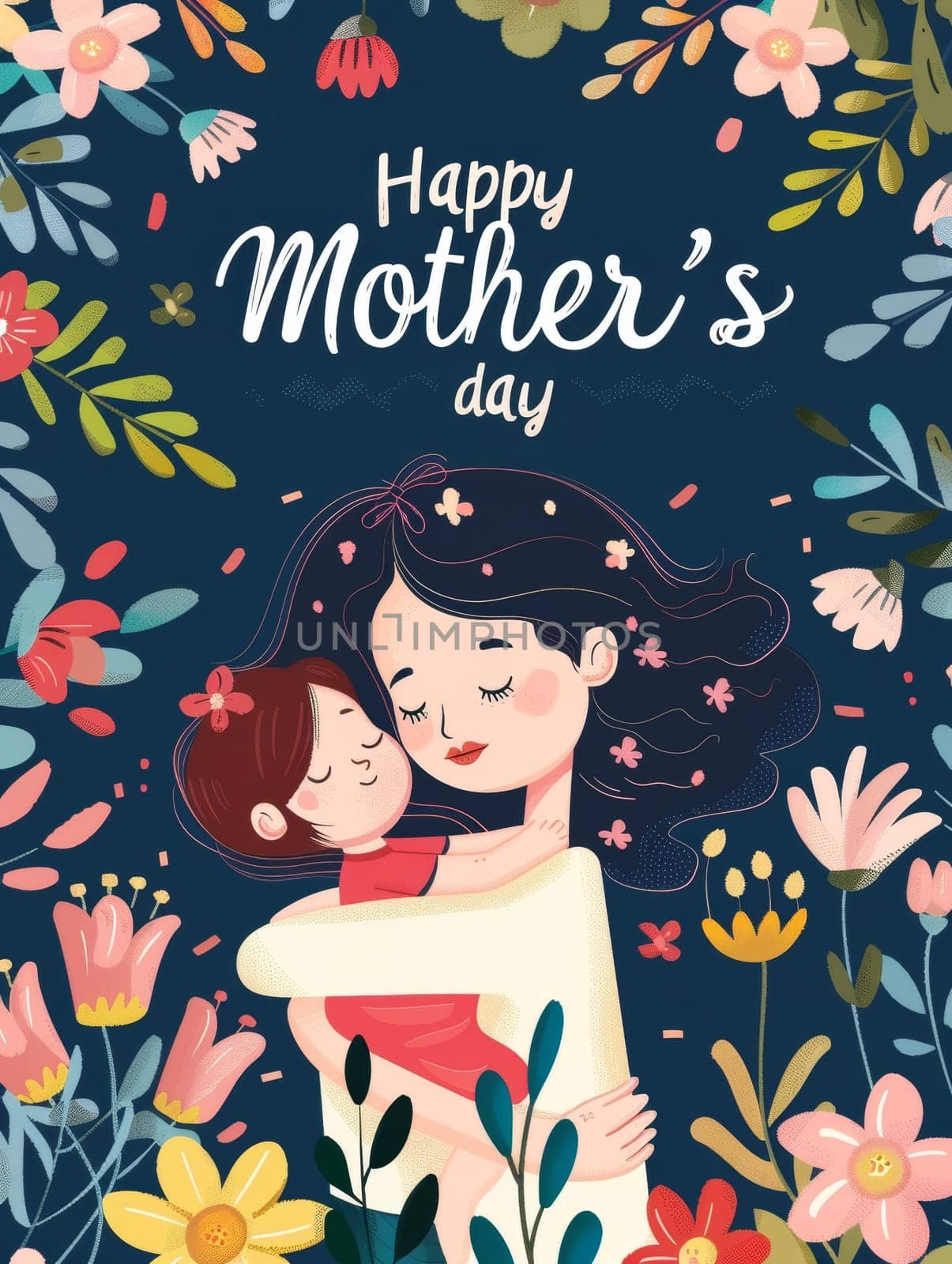 Tender illustration of a mother hugging her child surrounded by vibrant spring flowers under a starry night for Mothers Day. by sfinks