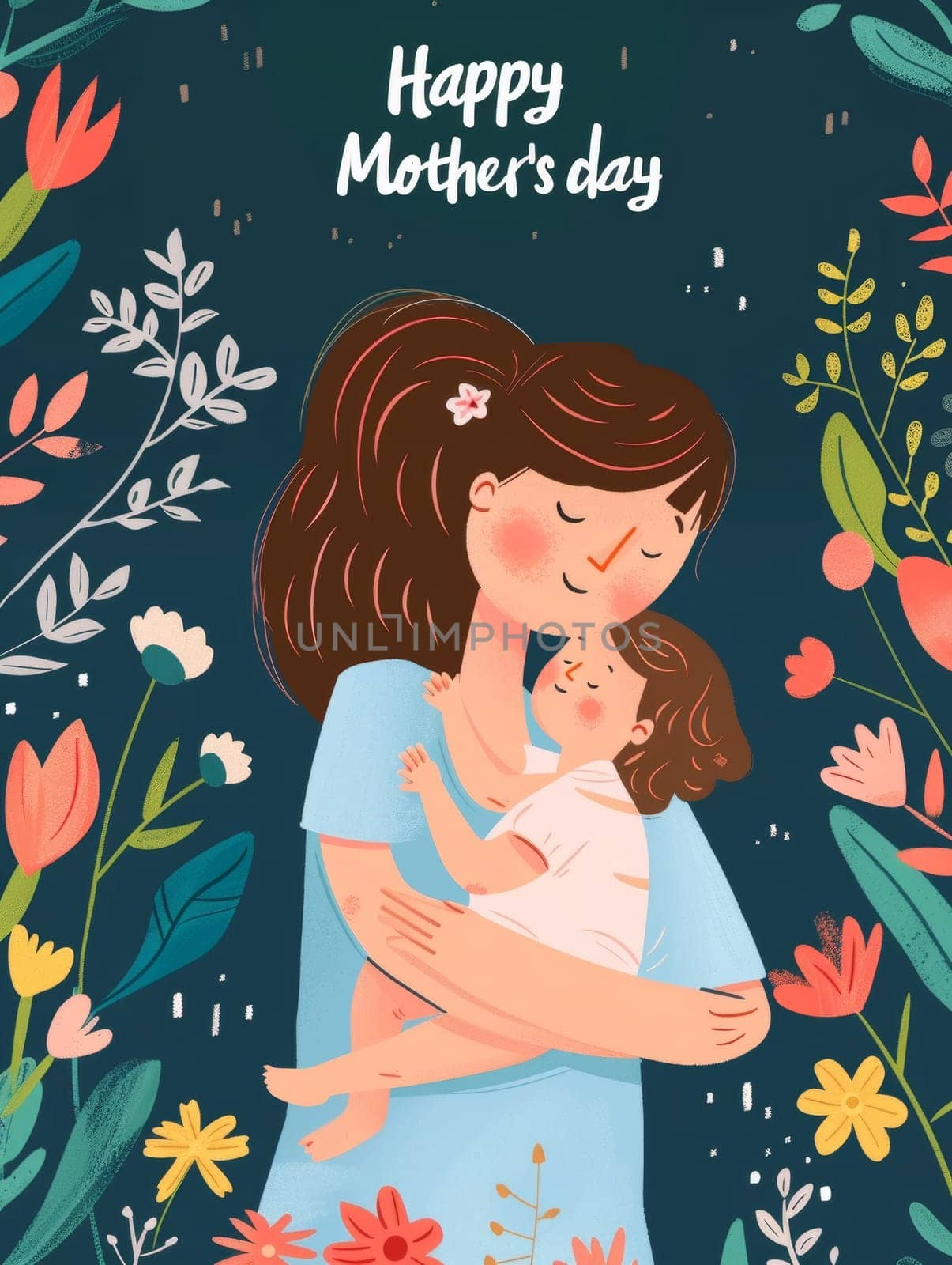 An illustration of a cozy moment with a mother cuddling her child among a flourish of colorful flowers on Mothers Day. by sfinks