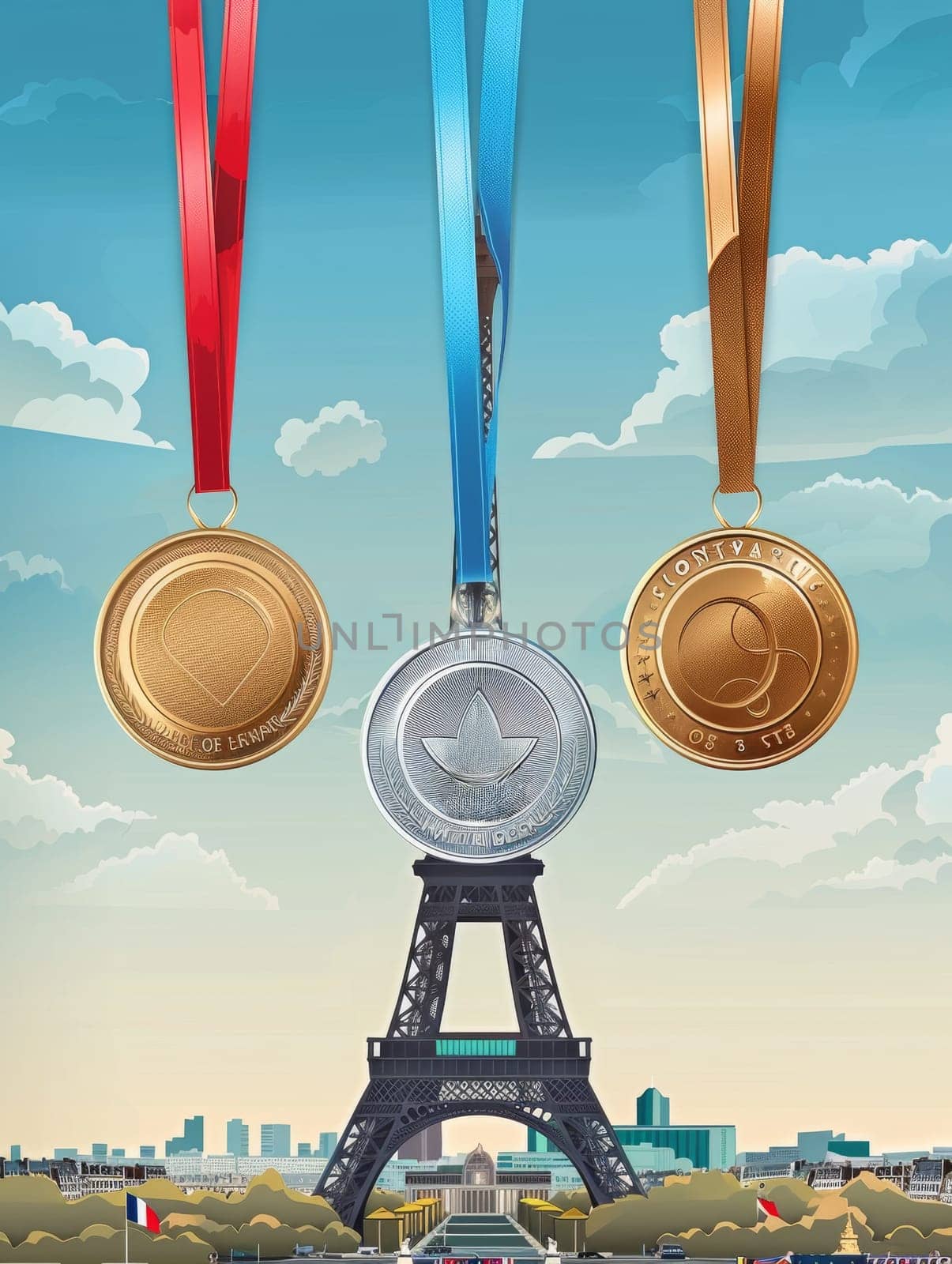 A digitally crafted image of prestigious medals before the majestic Eiffel Tower, embodying achievement in the heart of Paris. by sfinks