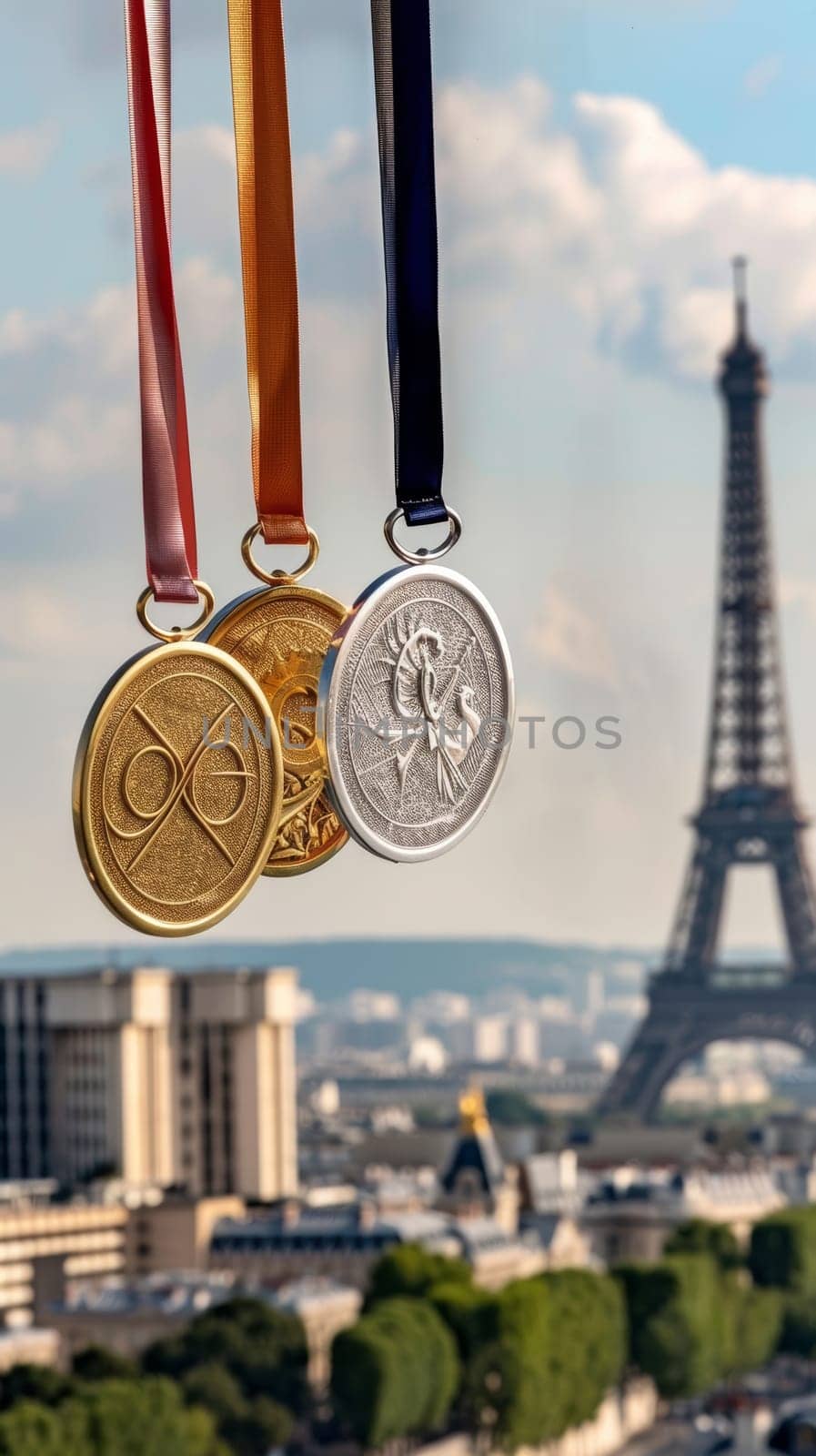 A sharp photo captures medals with intricate designs against a crisp Paris backdrop, including the majestic Eiffel Tower under a clear sky
