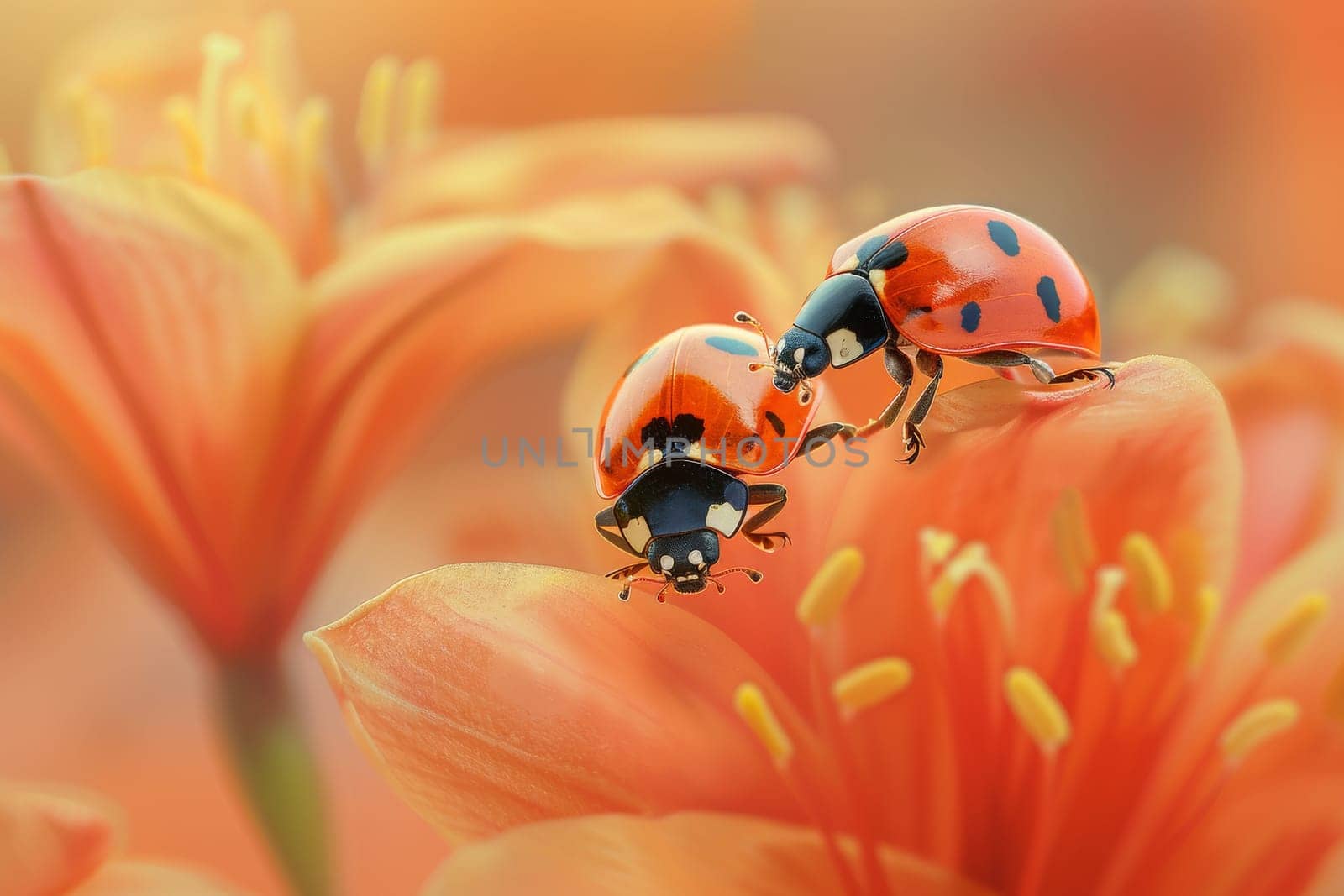 Two ladybugs are on a flower. The flower is orange and has a lot of petals